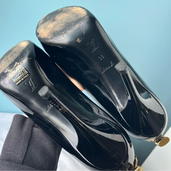 LOUIS VUITTON BLack Patent Leather Padlock Peep Toe Heels sz. 38 - Picture 10 of 15